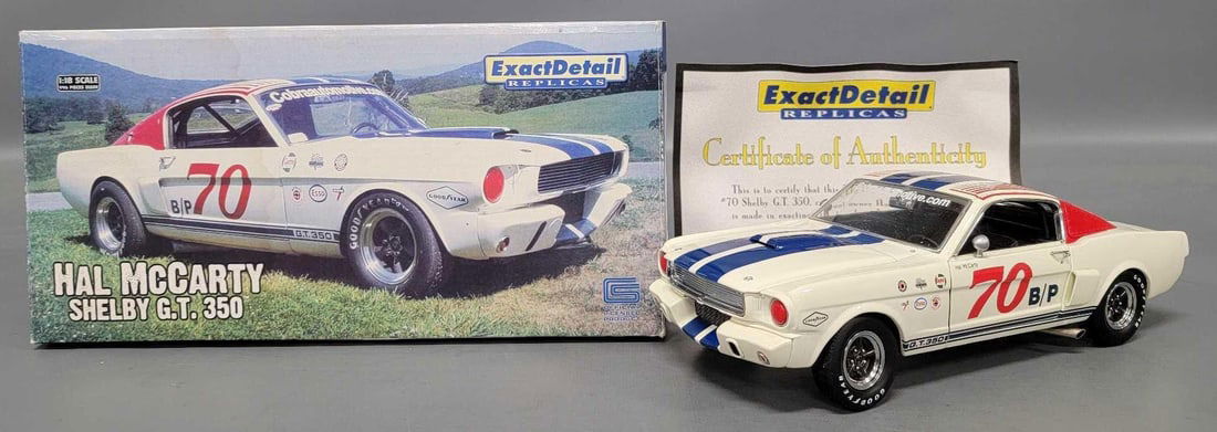 Exact Detail Replicas 1/18 Hal McCarty 1966 Shelby GT 350 Race Car die cast in original box: Exact Detail Replicas 1/18 Scale die cast Hal McCarty 1966 Shelby GT 350 Race Car in excellent plus condition in a very good original box as seen in the photos.