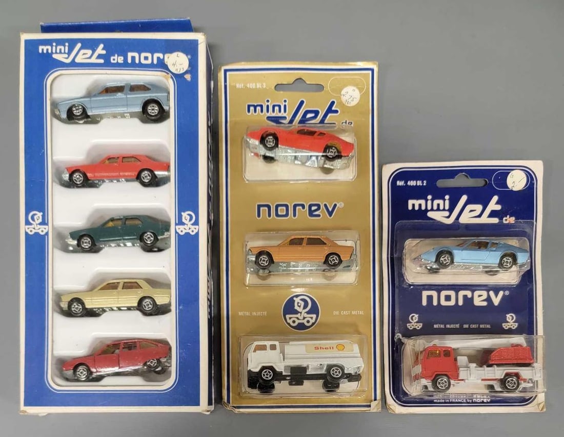 Three Norev Mini Jet diecast car sets in sealed box and blister cards (1 of 9)