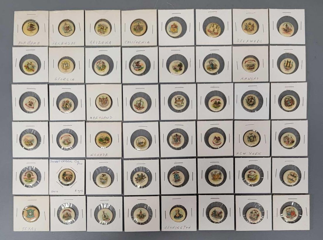 48 Vintage Sweet Caporal Cigarette State Pins: Vintage Sweet Caporal Cigarette State Pins made by the Whitehead and Hoag Company in the late 1800s. It is not complete the Oklahoma State pin is missing. All are in very good to excellent condition a