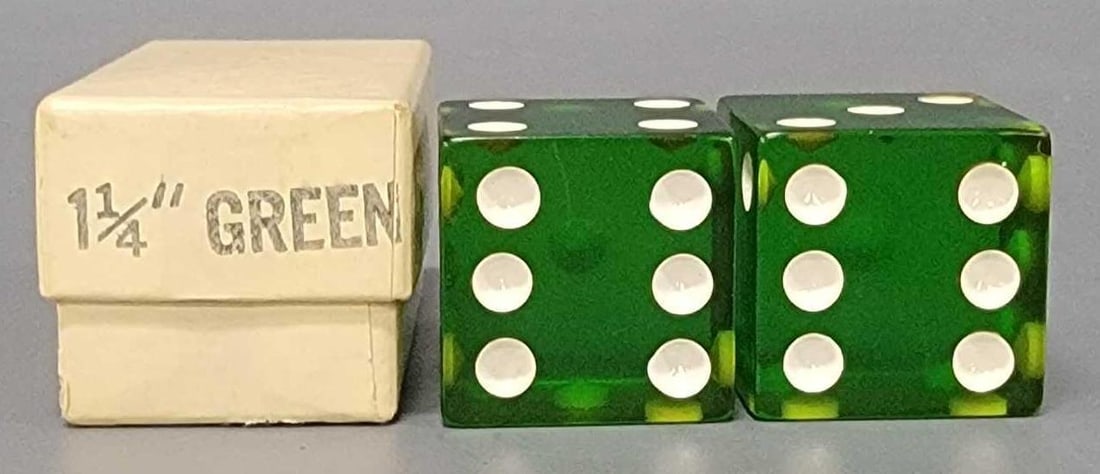 Pair of Vintage Large 1 1/4 inch Green Dice in original box: Vintage Large 1 1/4 inch 36 gram Green Crisloid Dice with a chip on one corner in very good to excellent condition as seen in the photos.