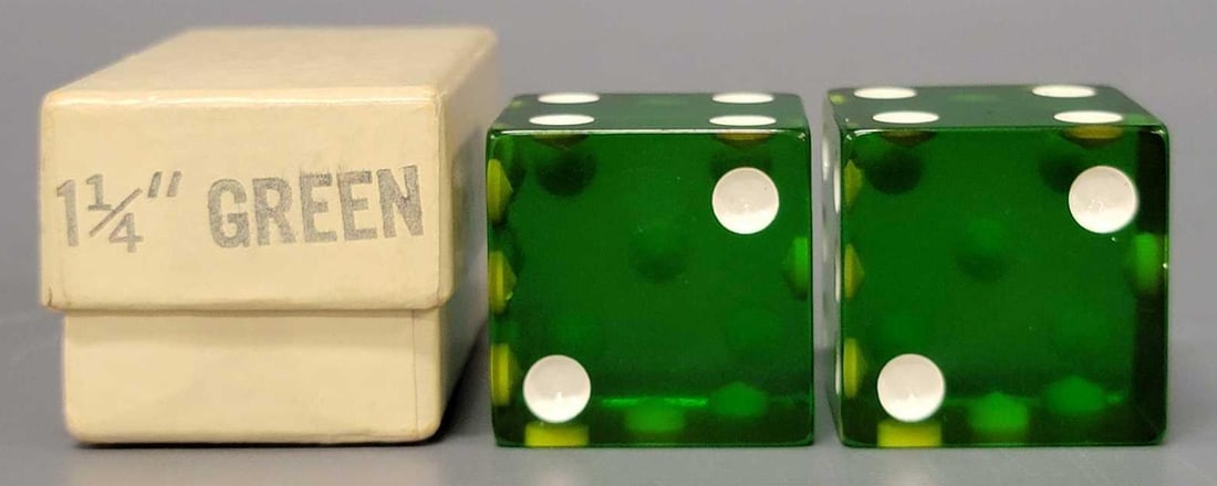 Pair of Vintage Large 1 1/4 inch Green Dice in original box: Vintage Large 1 1/4 inch 36 gram Green Crisloid Dice with in excellent to near mint condition as seen in the photos.