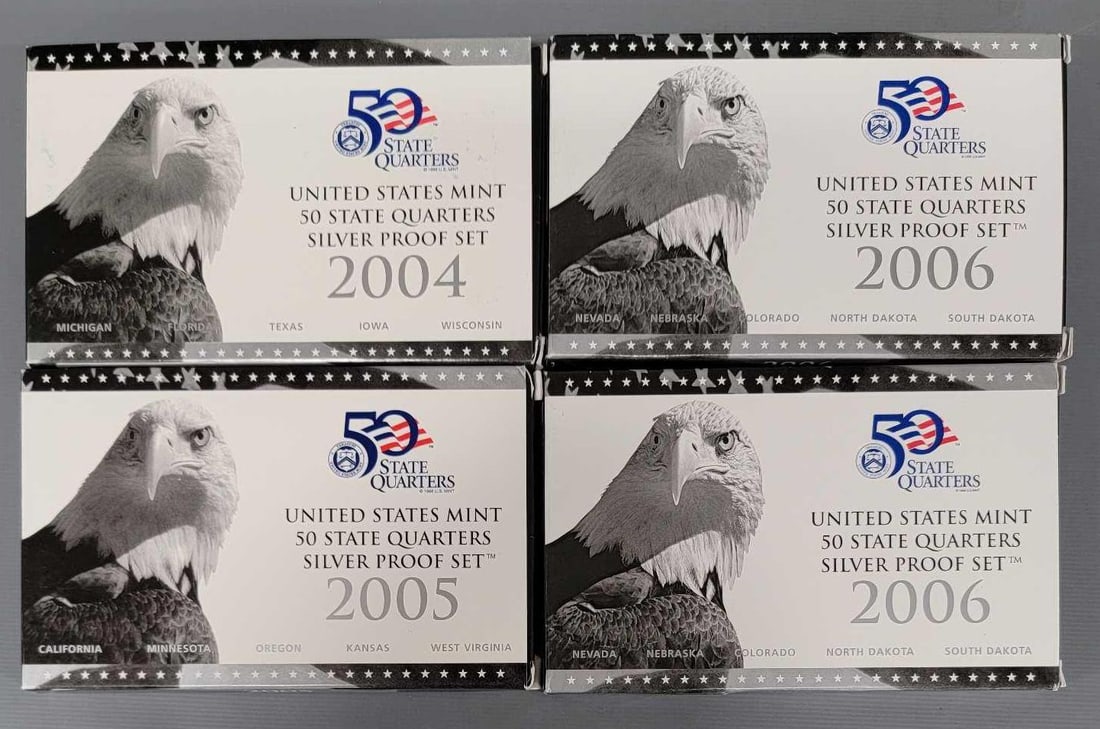 2004-S; 2005-S and (2) 2006-S US Mint Quarter Silver Proof Sets: 2004-S, 2005-S and two 2006-S US Mint Quarter Silver Proof Sets. All proof sets are in the official US Mint package as seen in the photos.