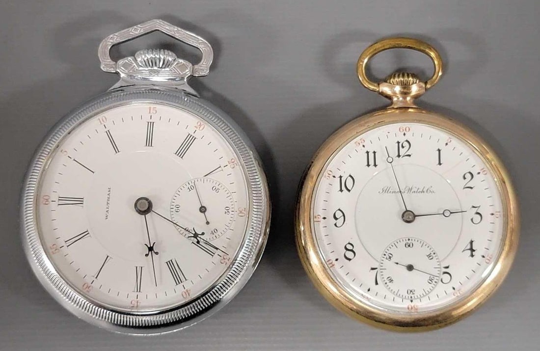 Waltham PS Bartlett and Illinois Watch Co 17 jewel adjusted pocket watches: Waltham PS Bartlett and Illinois Watch Co 17 jewel adjusted pocket watches to include Waltham PS Bartlett 17 jewel adjusted pocket watch in working condition, open face, movement serial number 1000808