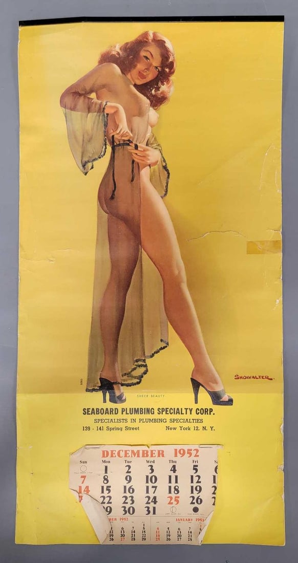 Pinup Calendar December 1952: Pinup Sheer Beauty Calendar December 1952 with a taped tear and rough edges in good condition as seen in the photos.