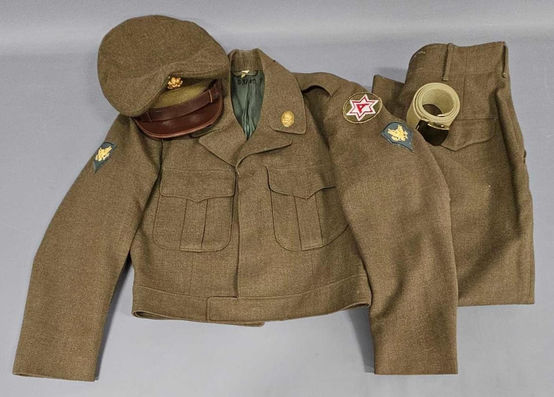 WWII US 6th Army "Ike" Jacket and pants: WWII US 6th Army Specialist "Ike" Jacket, pants, belt and Officers Cap in excellent condition as seen in the photos.