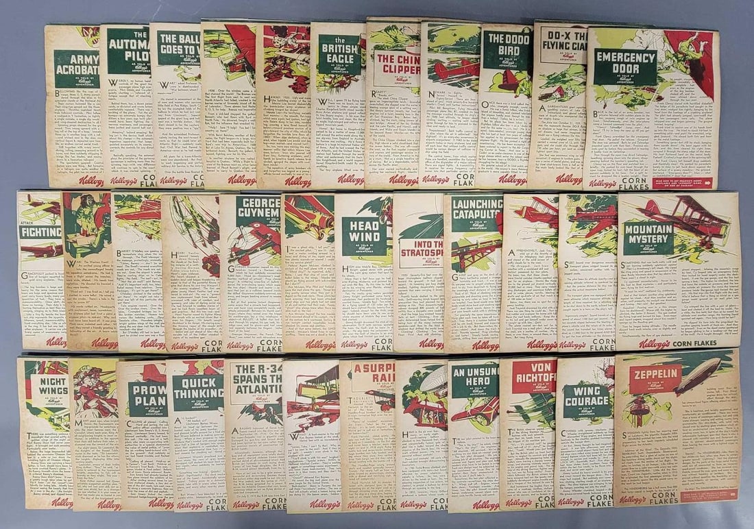35 1930's Kellogg's Corn Flakes Adventurer cereal box backs: 35 1930s Kelloggs Corn Flakes Adventurer cereal box backs. These are the box back panels only, cut from the original boxes. As told by Kellogg's Adventurer, features short stories, mostly of Aviat