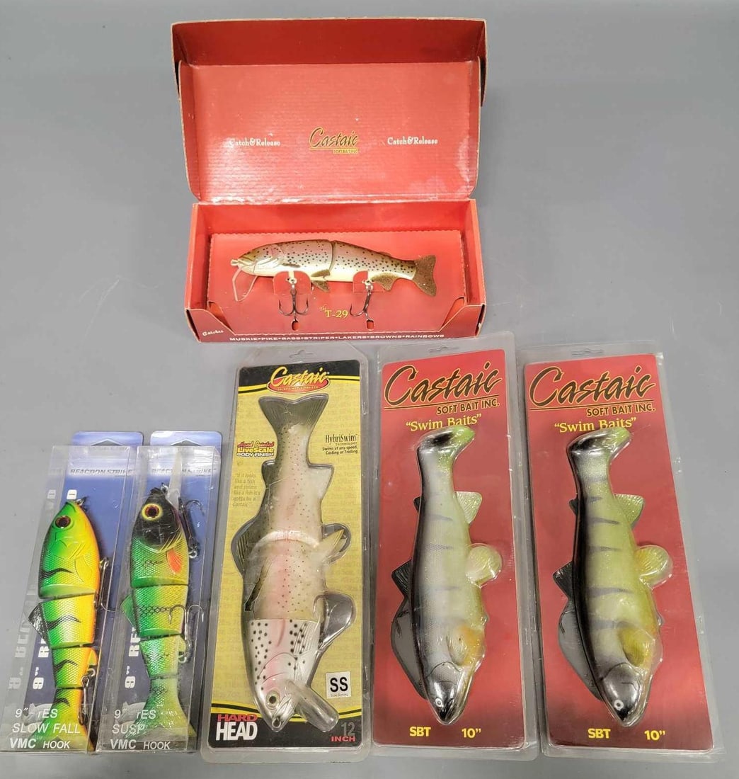 Six hard and soft flexible Castaic and Reaction Strike large lures: Six hard and soft flexible Castaic and Reaction Strike large lures. Consistsof two nine inch Reaction Strike hard Revolution Shad lures, a Castaic T-29 nine inch flexible hard lure, Castaic twelve inc