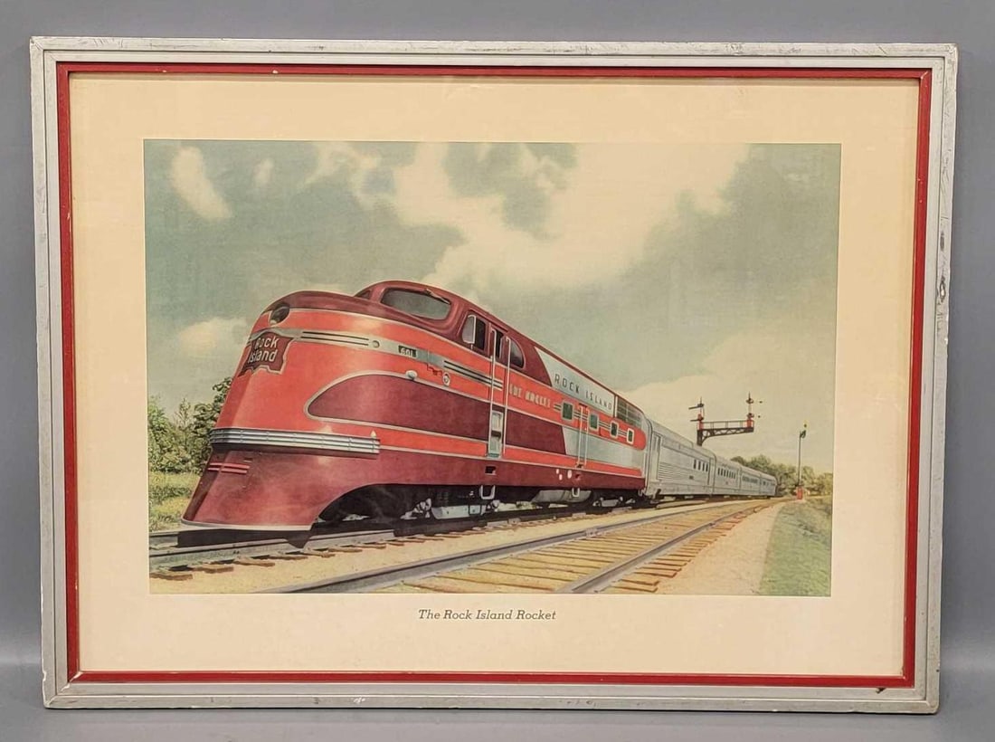 Vintage 1937 Rock Island Rocket passenger train framed lithograph: Vintage 1937 Rock Island Rocket passenger train framed lithograph, a very nice piece with fantastic color. Measures 27 3/8 x 20 3/8 inches as seen in the photos.