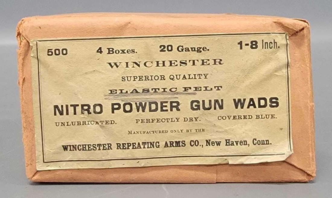 Sealed box of vintage Winchester 20 gauge nitro powder gun wads: Sealed box of vintage Winchester 20 gauge nitro powder gun wads, label says 4 boxes but they are wrapped in paper and in very good to excellent condition as seen in the photos.