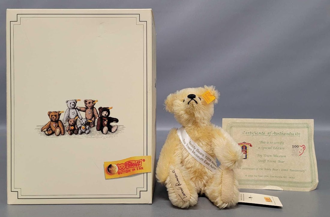 Steiff 8 inch blonde mohair 100th anniversary bear in original box and cert of authenticity (1 of 10)
