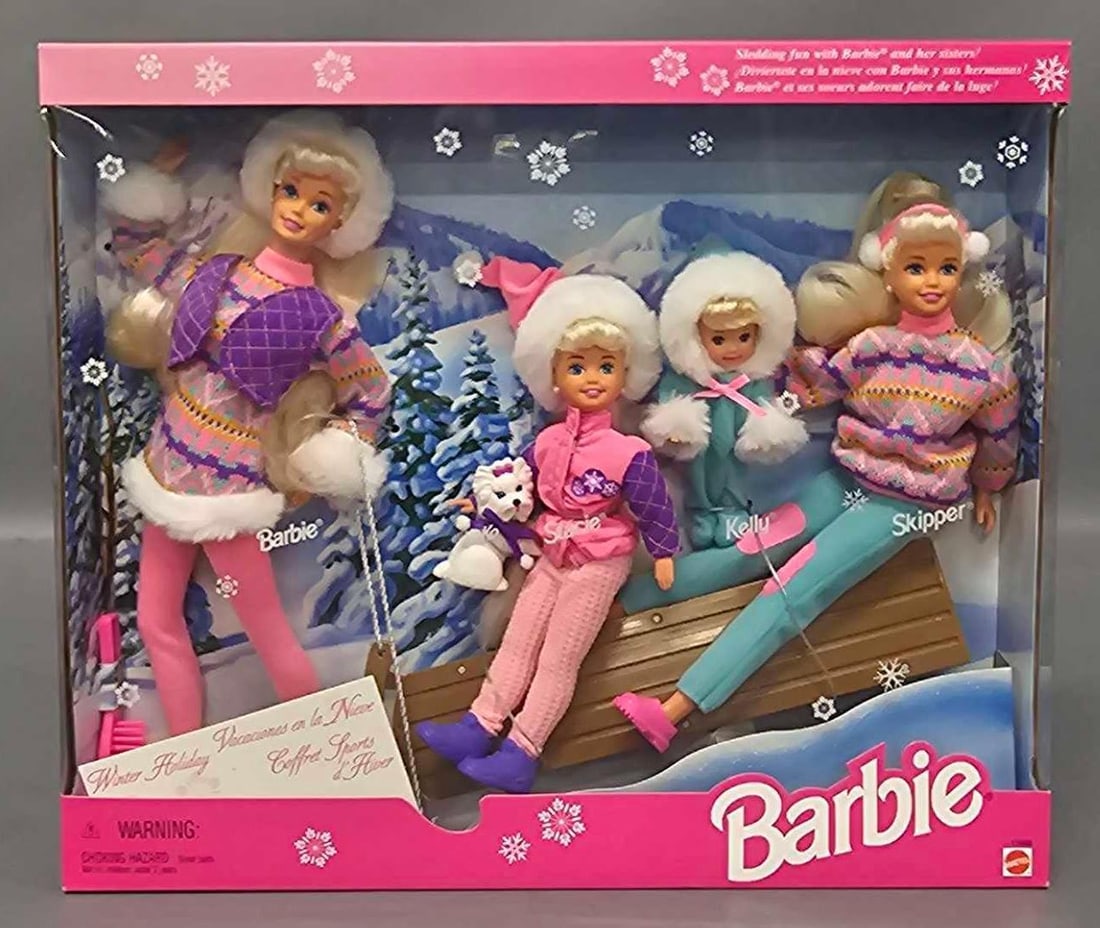 Foreign 1995 winter holiday Barbie sledding fun set by Mattel in factory sealed original box (1 of 9)