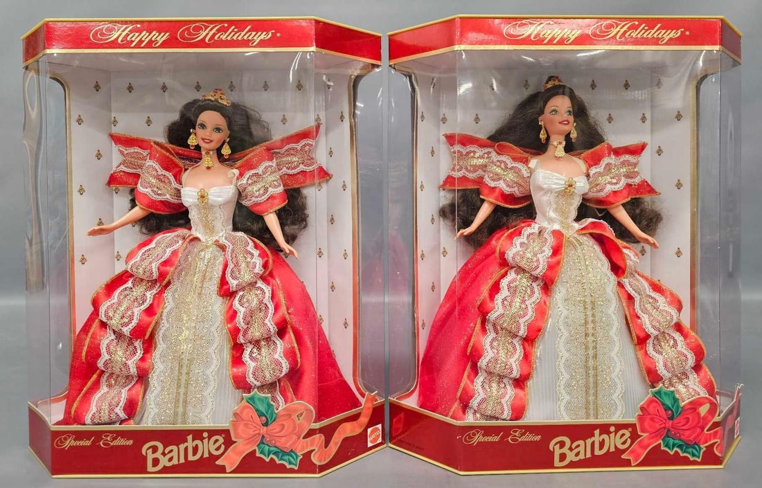 Two 10th Anniversary Happy Holidays Special Edition Barbies by Mattel in factory sealed OB (1 of 6)