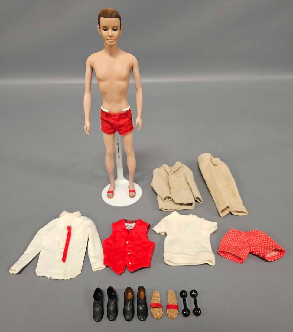 Vintage 1961 Ken with brunette flocked hair doll by Mattel and Ken by Mattel label clothes (1 of 13)
