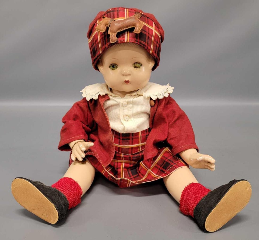 19 inch Effanbee Patsy Ann doll: 19 inch Effanbee Patsy Ann doll is marked and in very good condition with a loosely strung composition body, left eye is faded, and original clothes that came on her in 1969. She has some flaking on h