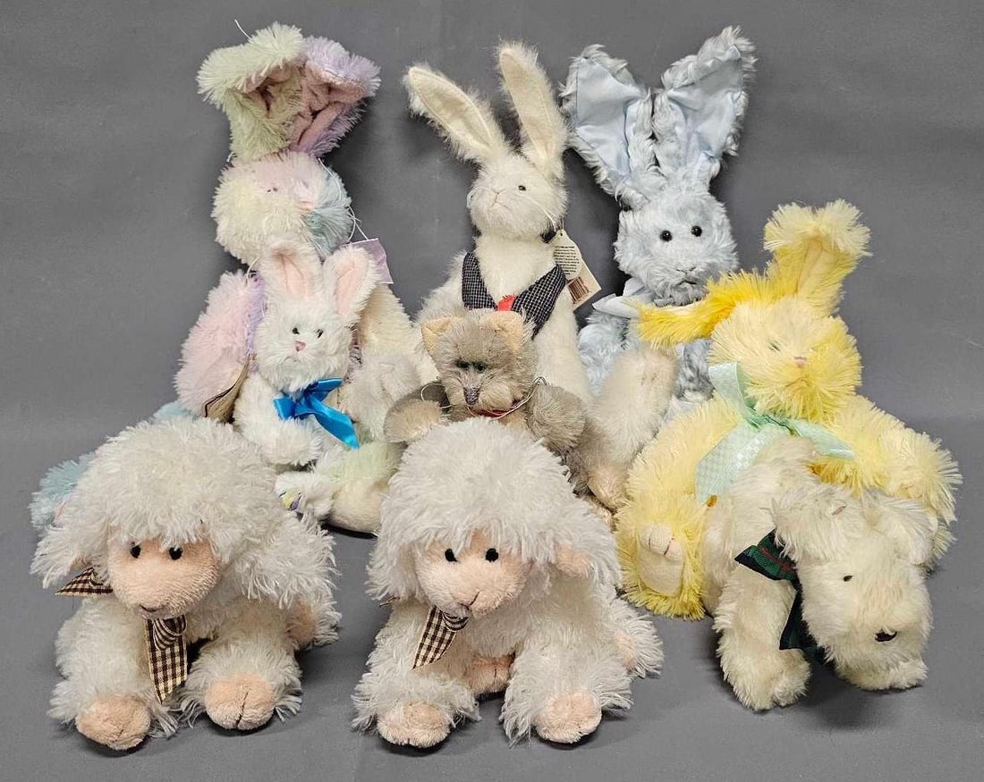 Nine mixed plush animals: Nine mixed plush animals in excellent condition including 15 inch Iris rabbit and two 6 inch Baasley sheep by Russ, 14 inch Jack R Woodsley 8 inch Jellie B Bunny and 10 inch Daffy rabbits from Boyds, 