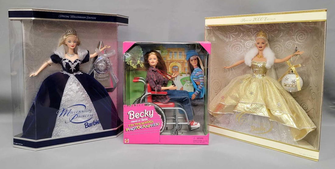 Becky friend of Barbie doll and two vintage Mattel Holiday Barbies in original boxes (1 of 10)