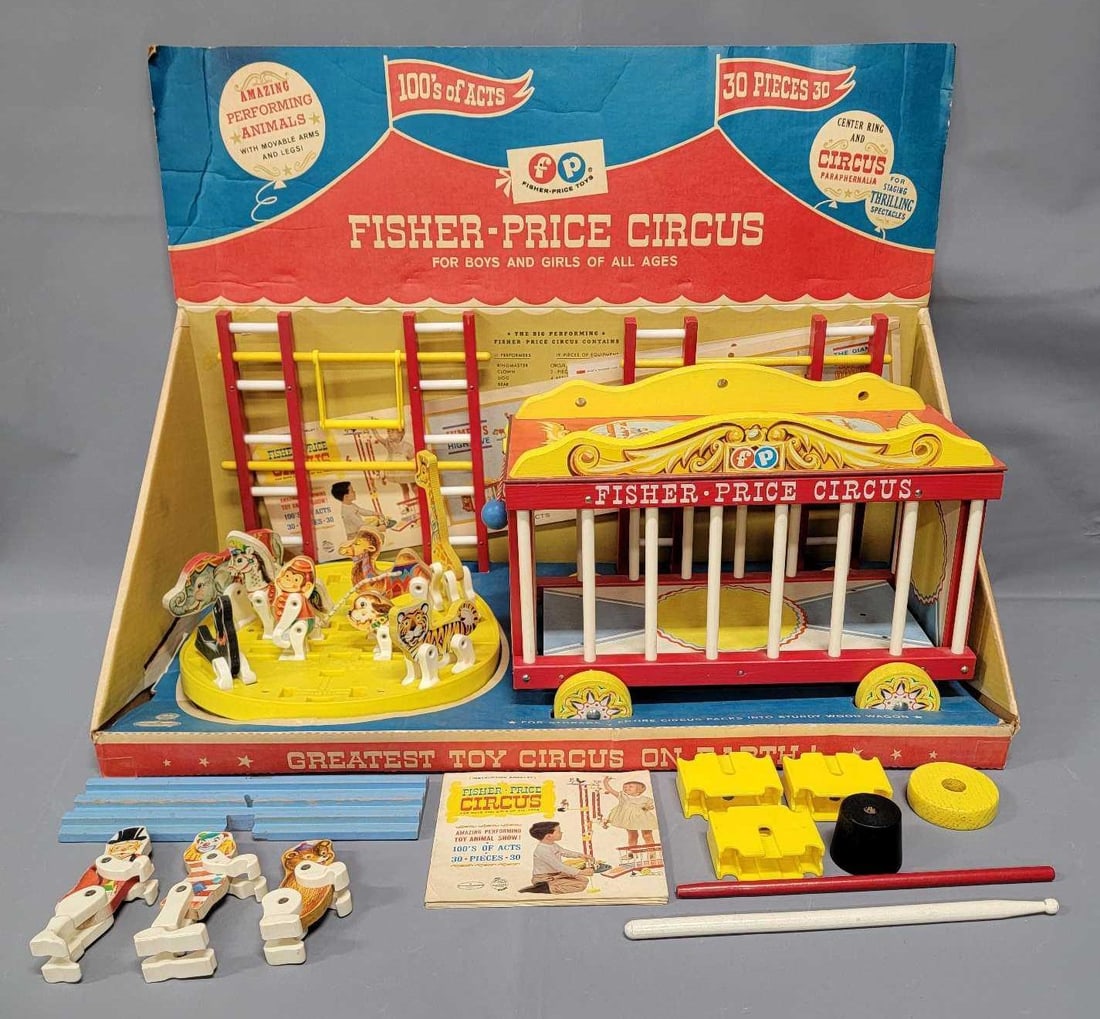 Vintage complete 1962 Fisher Price Wooden Circus Wagon Set in original box (1 of 14)