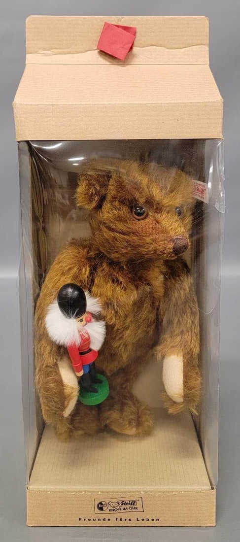Steiff Club 10 inch brown mohair bear holding nutcracker doll in original box (1 of 6)
