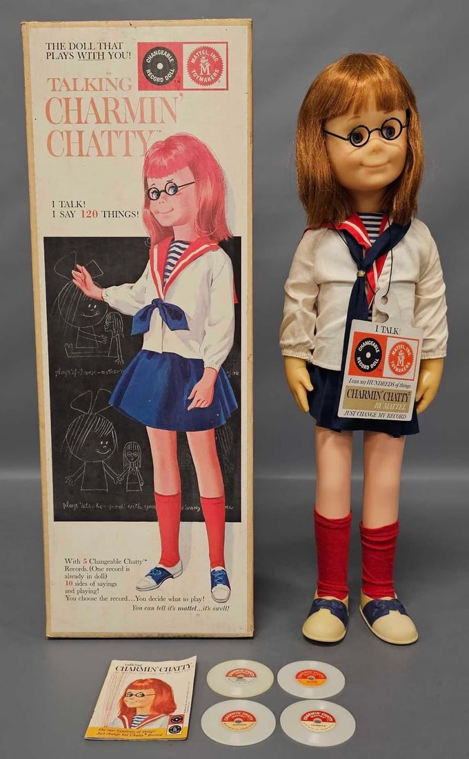 Talking Charmin Chatty doll by Mattel in original box: Talking Charmin Chatty doll by Mattel is in excellent condition with moving arms and legs. Excellent original box with minor water spots on top flap and some scratch marks on back side of box as seen 