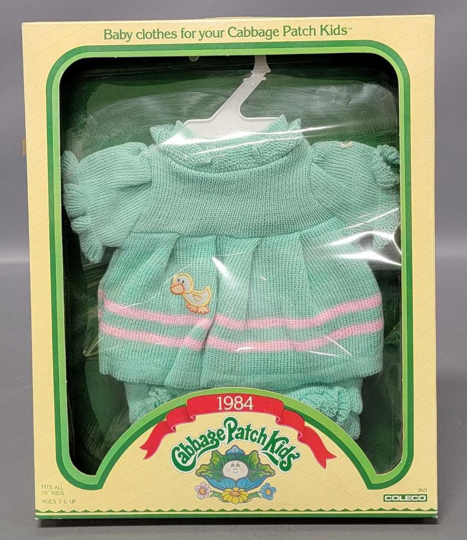 Vintage 1984 Coleco Cabbage Patch kids baby clothes crochet blue green dress in original box (1 of 6)
