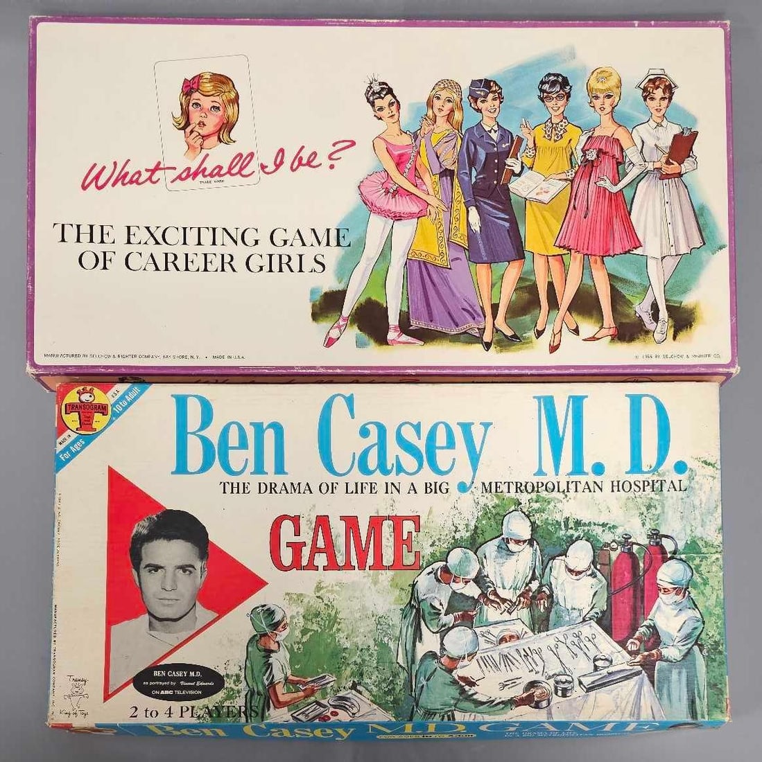 What Shall I Be? And Ben Casey M.D. board games: What Shall I Be? And Ben Casey M.D. board games. What Shall I Be? Was produced by Selchow and Righter, the game is only missing one of the round subject cards and is otherwise is excellent condition a