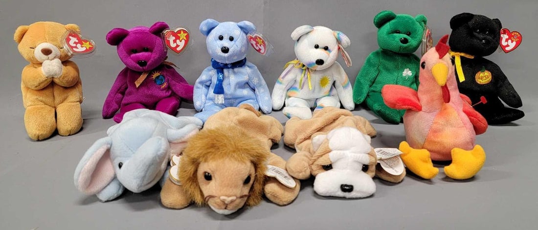 Group of ten Ty Beanie Babies: This group of Beanie Babies is from an adult owned collection, all bought new when they were offered back in the mid 1990's, never played with and from a smoke and pet-free home. Group includes Mi