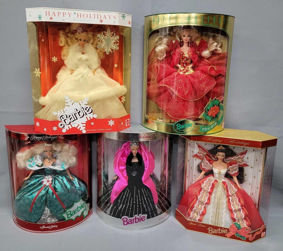 Five vintage Mattel Happy Holidays Special Edition Barbie dolls in original boxes (1 of 11)