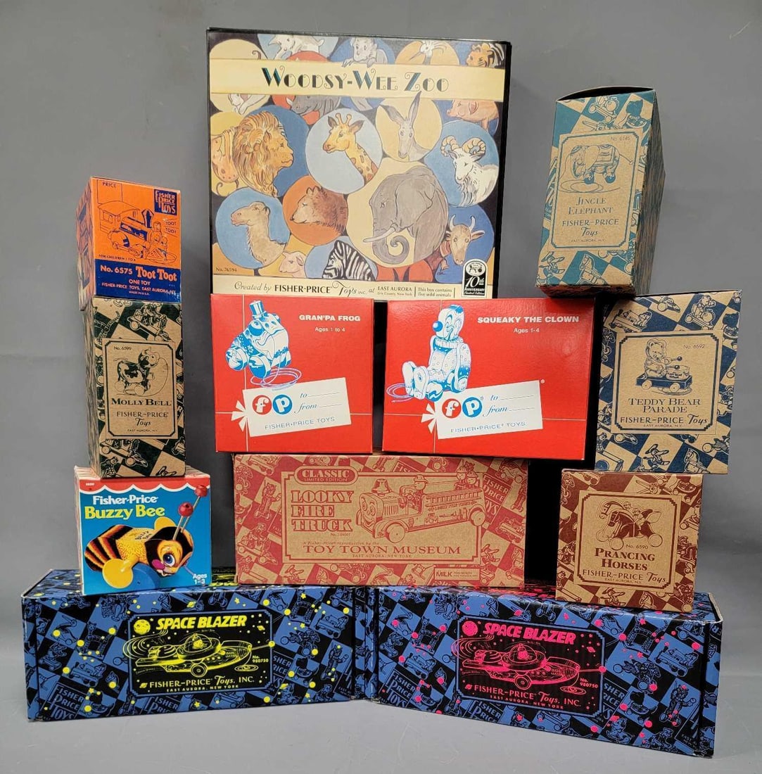 Twelve vintage series Fisher Price toys in original boxes: Twelve vintage series reproduction Fisher Price toys in excellent original boxes includes no 6575 Toot Toot engine, no 6592 Teddy Bear Parade, no 6145 Jingle Elephant, no 6590 Prancing Horses, no 2 04