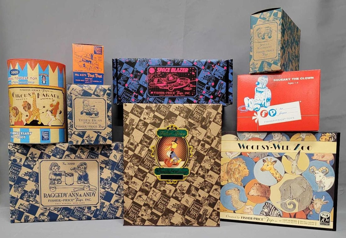 Nine vintage series reproduction Fisher Price toys in original boxes: Nine vintage series reproduction Fisher Price toys include an excellent condition ID 929881 Limited Edition Dr Doodle in excellent original box and shipping box, no 76594 Woodsy Wee Zoo, no 76880 Ragg