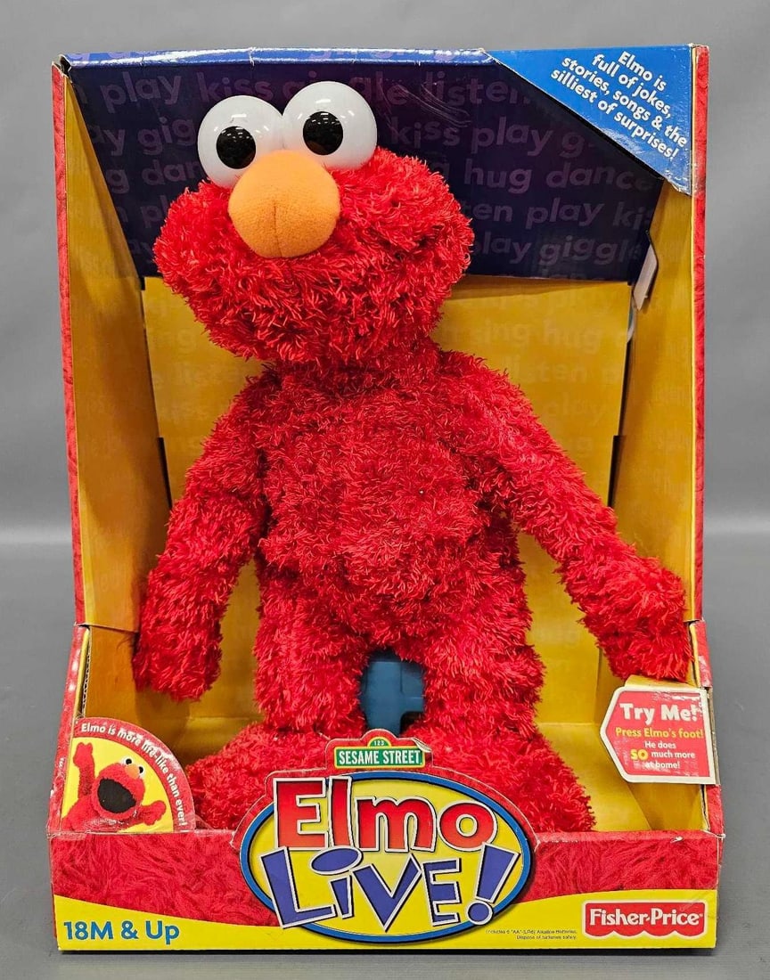 Vintage Fisher Price Sesame Street Elmo Live in original box: Vintage Fisher Price Sesame Street Elmo Live doll is in excellent to near mint condition. Comes in a very good to excellent original box that has normal storage wear and tear as seen in the photos.