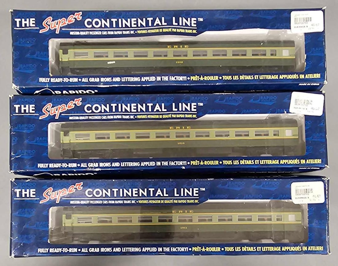 Three different Rapido HO scale Erie lightweight coach cars in original boxes (1 of 9)