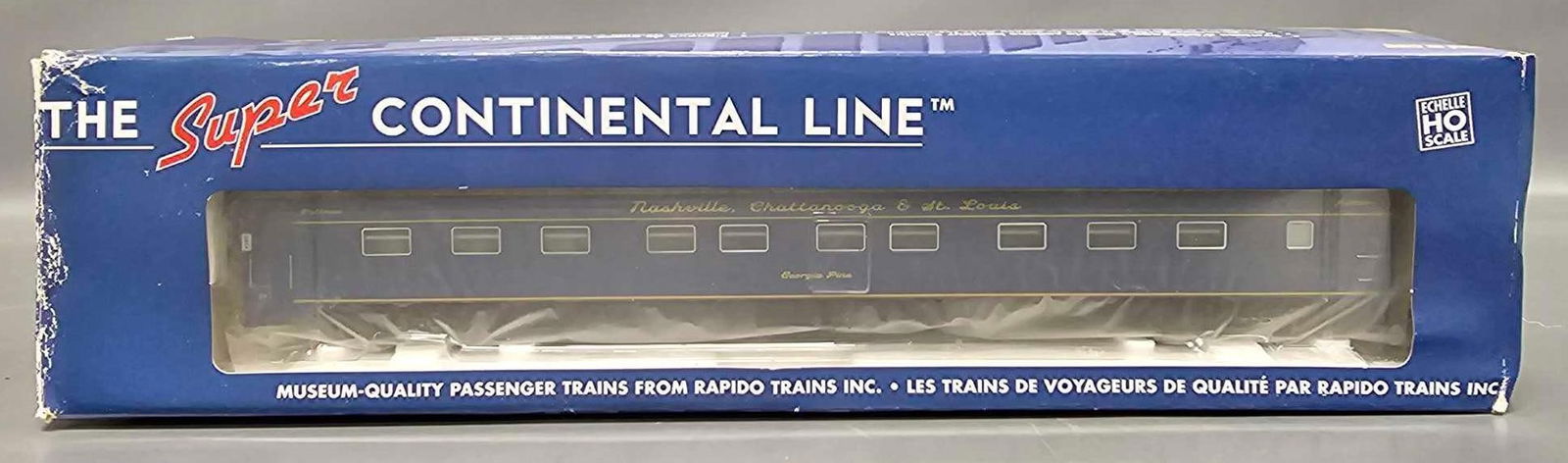 Rapido HO scale post-war NC&StL 6-4-6 sleeper in original box 113024: Rapido HO scale post-war Nashville, Chattanooga and St Louis 6-4-6 sleeper in original box, stock number 113024, road name Georgia Pine, C8-9 in a fair to good original box as seen in the photos.