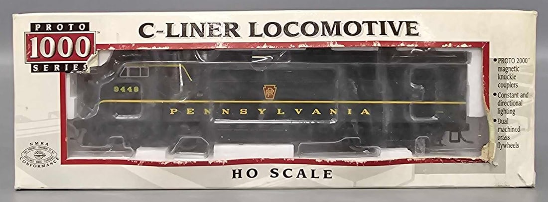 Life Like HOProto 1000 C-Liner Pennsylvania 4-4 Locomotive in original box: Life Like HO Proto 1000 C-Liner Pennsylvania 4-4 Locomotive with constant and directional lighting, dual machined brass flywheels and blacken metal wheels, C9-10 in a good original box as seen in the 