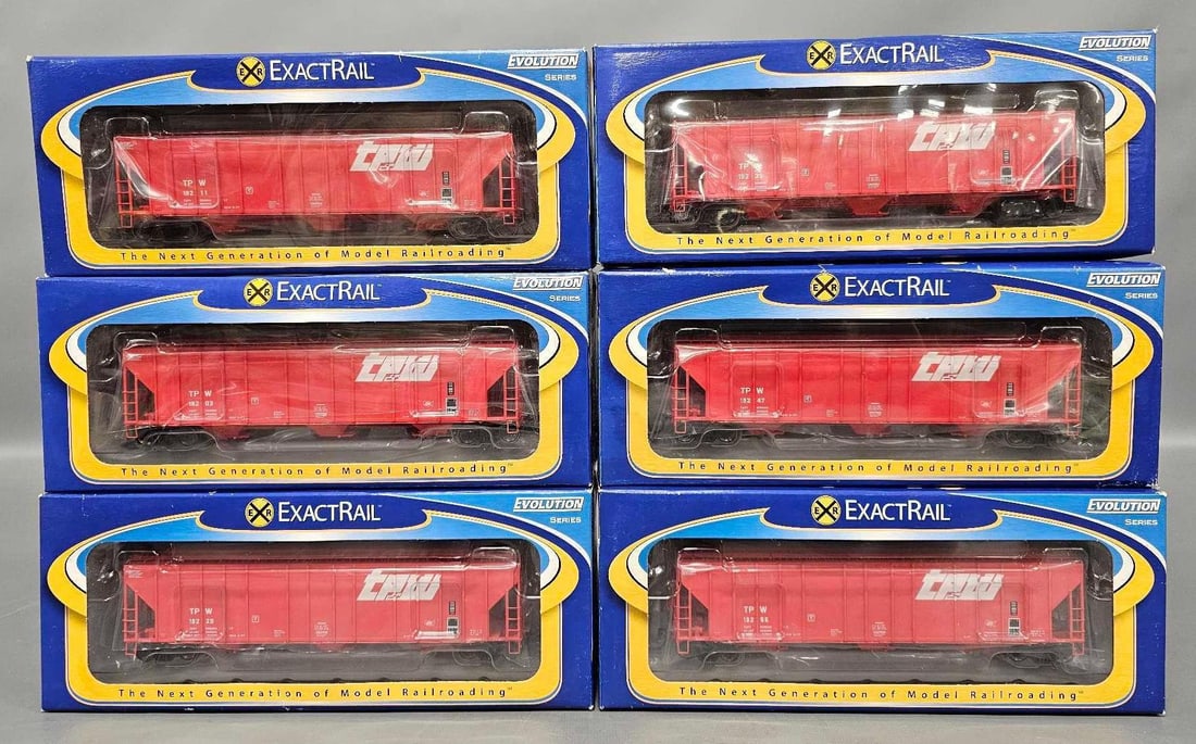 Six Exact Rail TP&W Evans 4780 Covered Hopper cars in original boxes: Six Exact Rail Toledo Peoria and Western Evans 4780 Covered Hopper cars. Consists of stock number EE-1718-1 road number 18203, stock number EE-1718-2 road number 18211, stock number EE-1718-3 road num