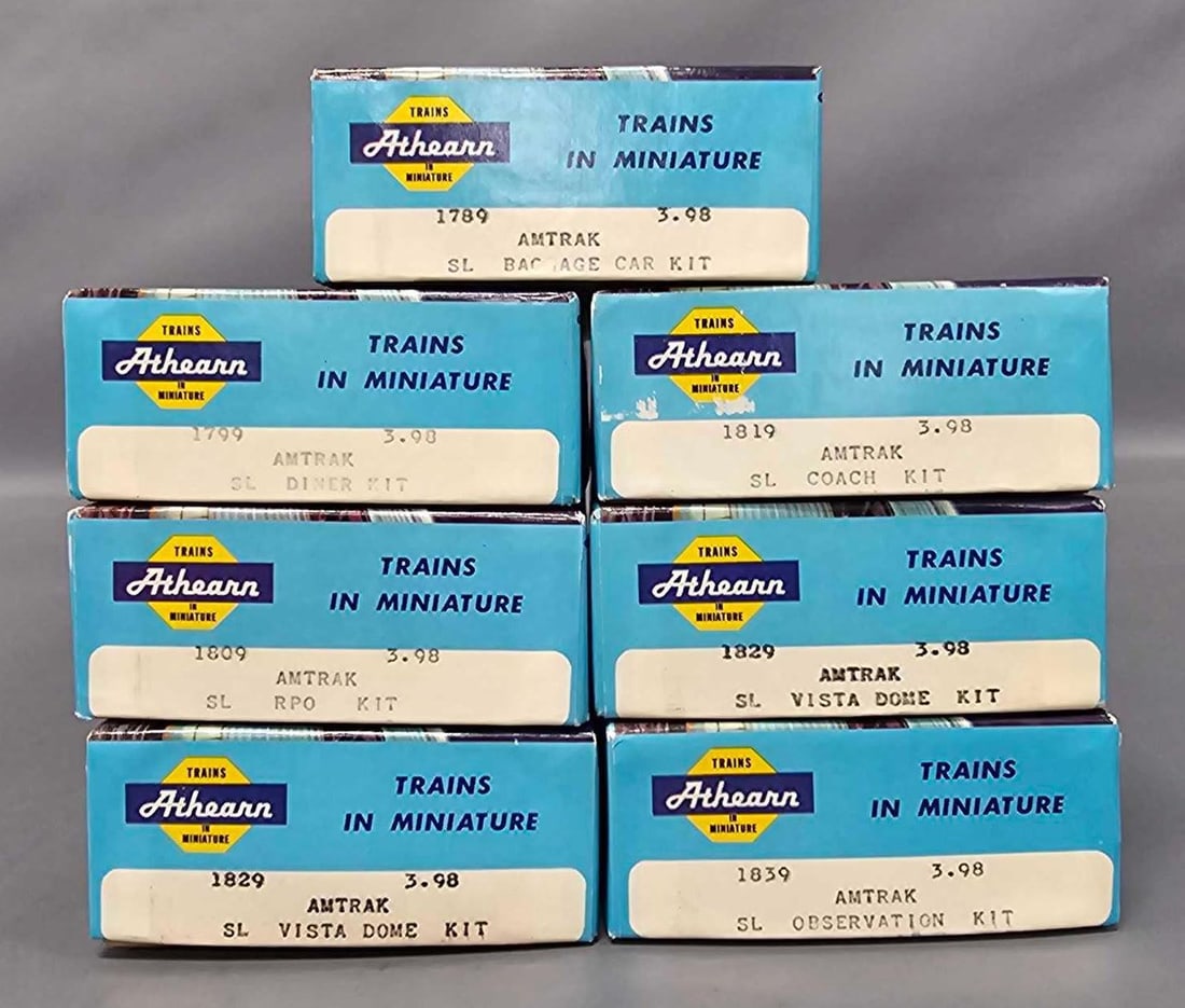 Seven Athearn Amtrak Streamline Passenger Car kits in original boxes: Seven Athearn Amtrak Streamline Passenger Car kits. Consists of Baggage stock number 1789, Diner stock number 1799, Coach stock number 1819, RPO stock number 1809, two Vista Dome stock number 1829 and