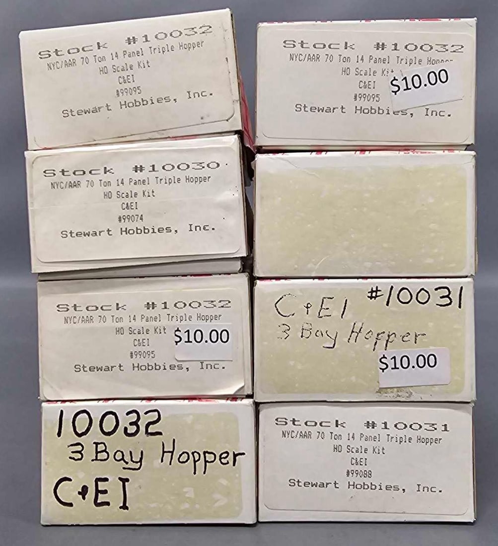 Eight Stewart Hobbies C&EI Triple Hopper car kits in original boxes: Eight Stewart Hobbies Chicago and Eastern Illinois Triple Hopper car kits. Consists of four Triple Bay stock number 10032 road number 99095, stock number 10030 road number 99074 and three stock number