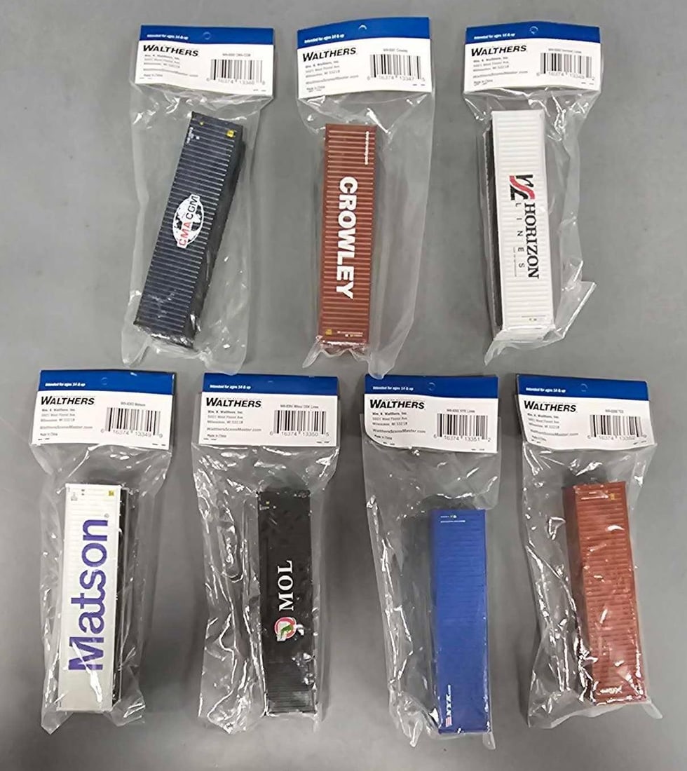 Seven Walthers Scene Master freight Containers in factory sealed bags: Seven Walthers Scene Master freight Containers. Consists of Crowley, CMA CGM, Horizon, Tex, NYK, MOL and Matson containers in excellent condition as seen in the photos.