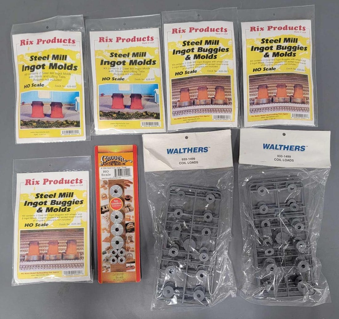 Eight factory sealed Walthers, Chooch and Rix detail kits: Eight factory sealed Walthers, Chooch and Rix detail kits. Consists of a Cooch Enterprises large and small steel coils stock number 7254, two Walthers steel coil loads stock number 933-1499 and four R