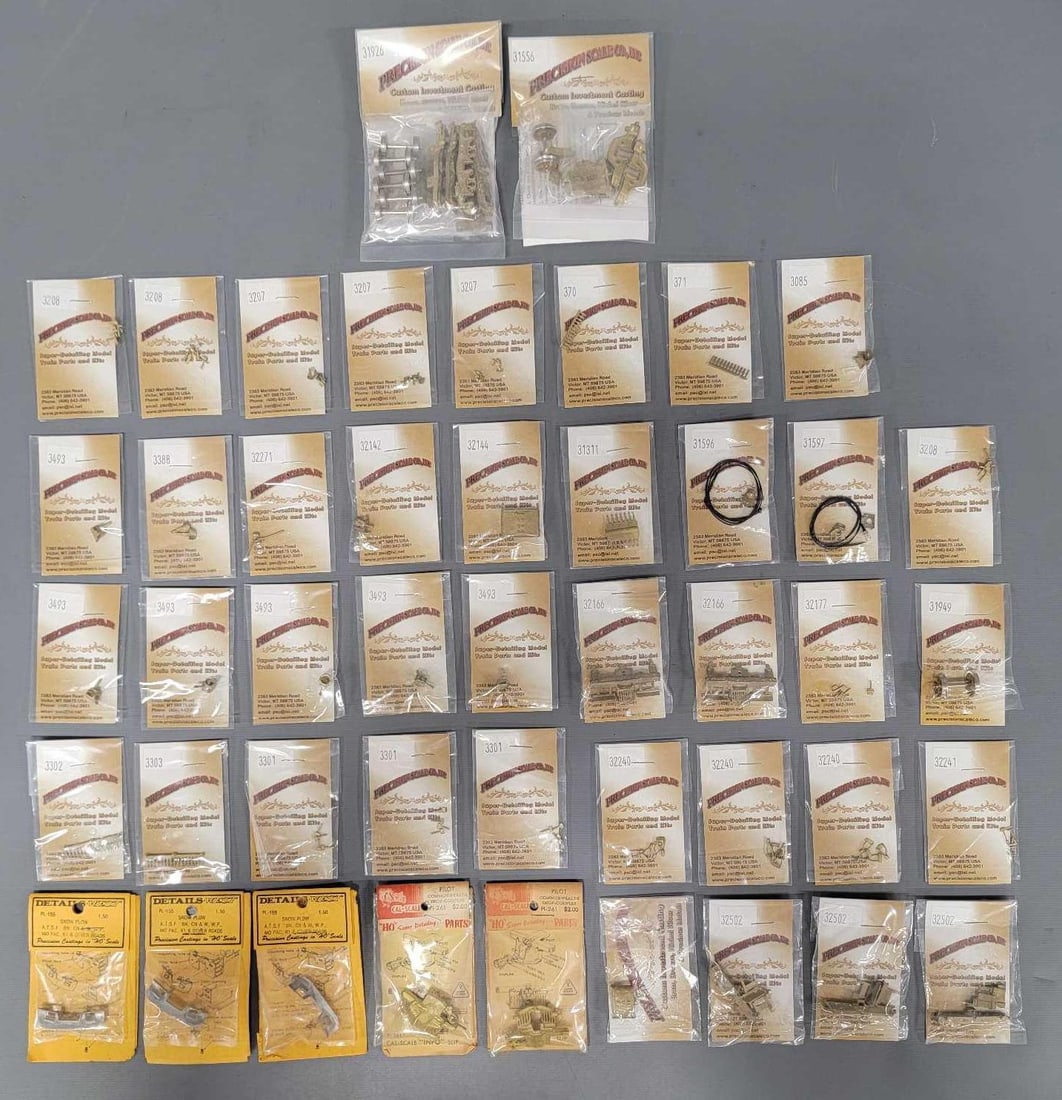 Forty-six Detail West, Cal-scale and Precision Scale detail kits: Forty-six Detail West and Precision Scale detail kits consisting of Details West, Cal-Scale Pilot Commonwealth, and multiple factory packages Precision Scale brass detail packs as seen in the photos.