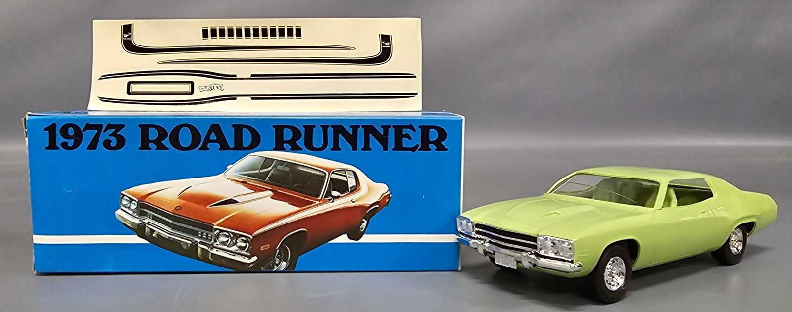1973 Plymouth Road Runner promo car in original box mist green: 1973 Plymouth Road Runner promo car in original box in mist green. Car has a cracked windshield but is otherwise excellent to near mint with some very small or fine scratches here and there in a near