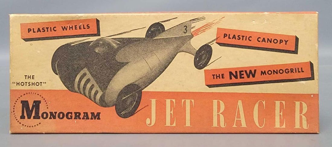 1946 Monogram Models R1 Jet Racer kit in original box: 1946 Monogram Models Jet Racer kit in original box, stock number R1, The Hotshot, mostly built but appears to be complete, made of balsa wood with a clear plastic canopy as seen in the photos.