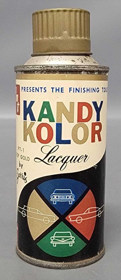 Rare vintage AMT Kandy Kolor lacquer paint can PT-1 Top Gold: Rare vintage AMT Kandy Kolor lacquer paint can PT-1 Top Gold. Can is still partially filled but will not spray. Comes with a very nice paper label and the original gold cap as seen in the photos.