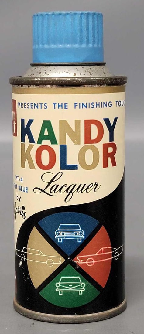 Rare vintage AMT Kandy Kolor lacquer paint can PT-4 Top Blue: Rare vintage AMT Kandy Kolor lacquer paint can PT-4 Top Blue. Can is empty and comes with a very nice paper label and the original gblue cap as seen in the photos.