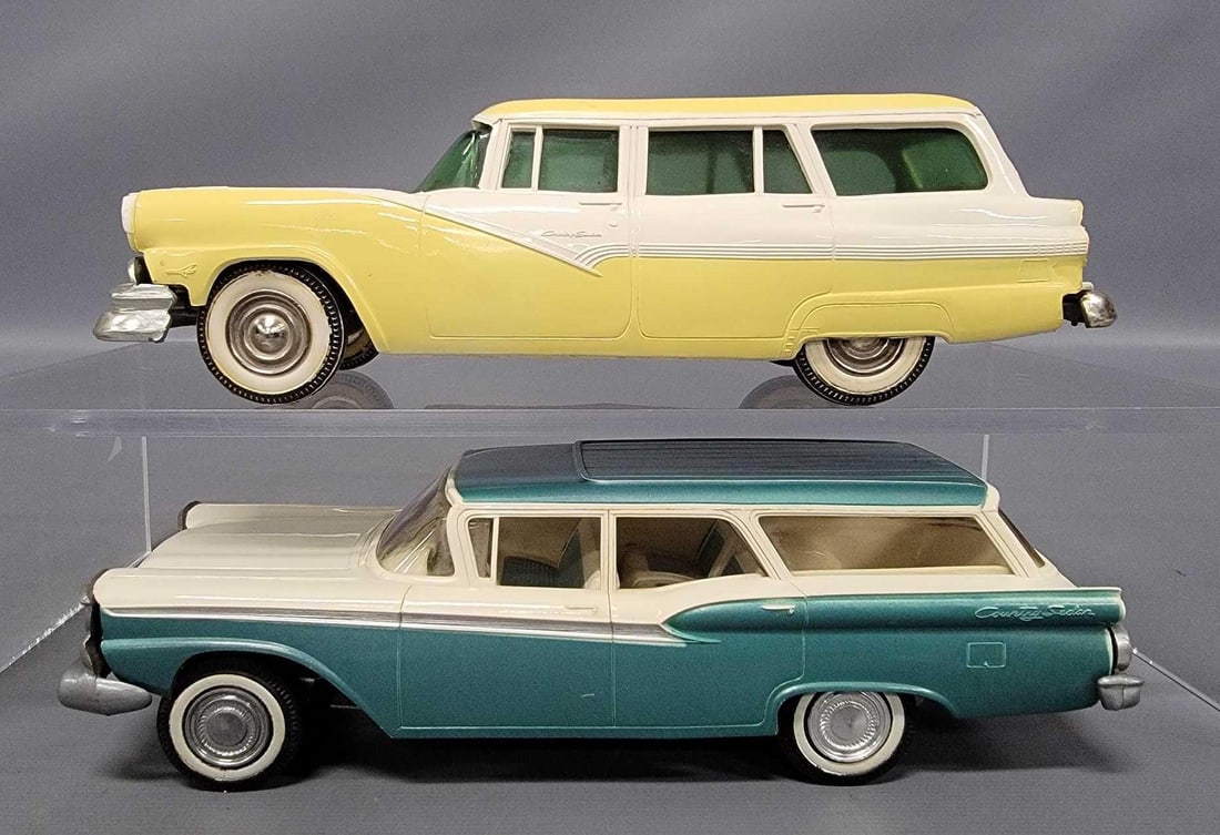 1956 and 1959 Ford Country friction promo cars: 1956 and 1959 Ford Country friction promo cars. The 1956 is in yellow and white with minor warping; the 1959 is metallic green and white and is very nice and clean with minor warping as seen in the ph