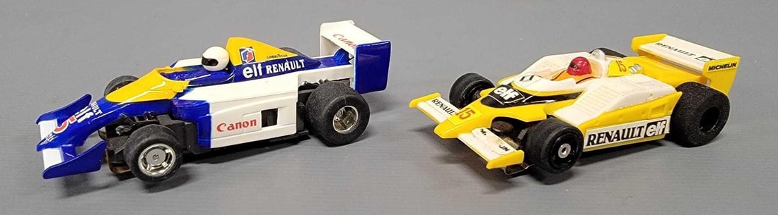 Tyco Williams Renault and Aurora G plus Renault group of two slot cars: Tyco Williams Renault and Aurora G plus Renault group of two slot cars. Both bodies are excellent to near mint with no signs of use. Both chassis are excellent to near mint with no signs of use. Both 