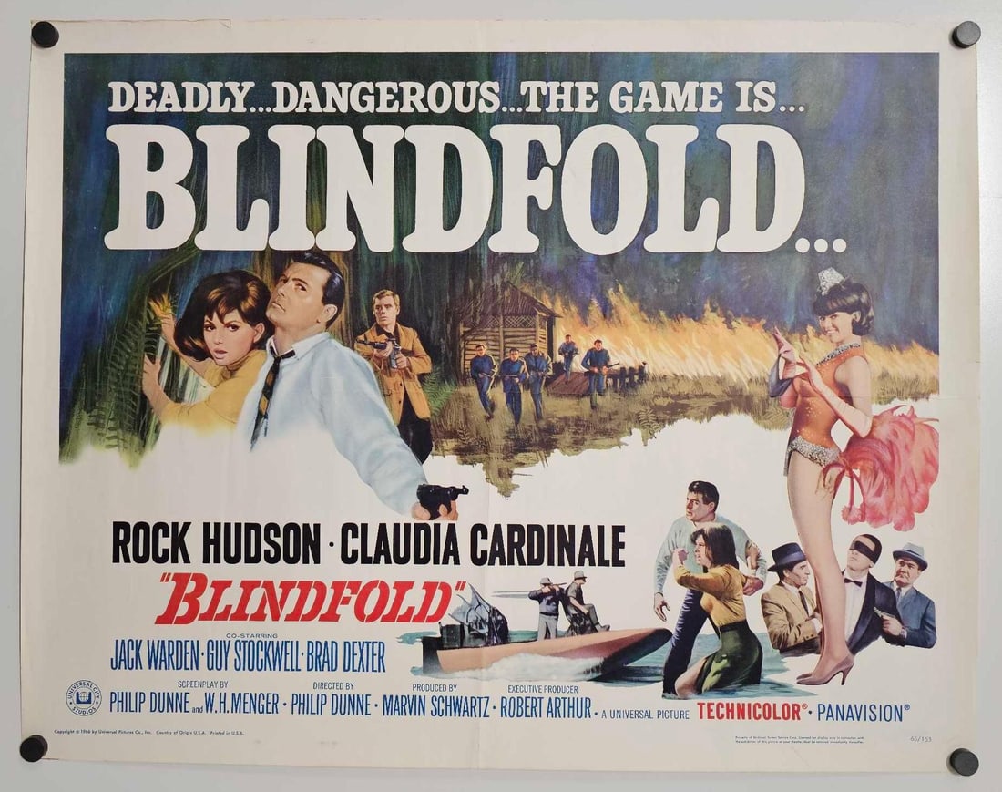Original Rock Hudson Blindfold 1/2 sheet movie poster: Original Rock Hudson Blindfold 1/2 sheet movie poster, NSS 66/153, measures 28 X 22 inches with folding on edges and some small tears and has been folded as seen in the photos.