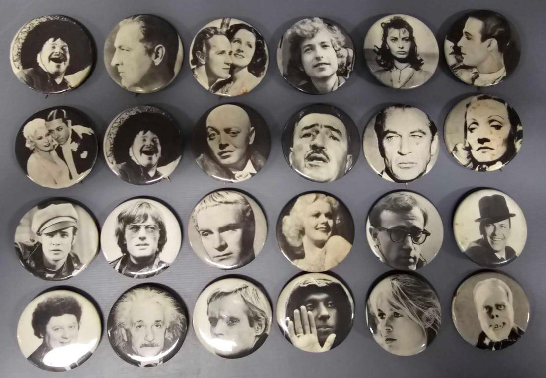 Twenty-four Sandyval Graphics LTD movie stars etc pinback buttons: Twenty-four Sandyval Graphics LTD movie stars etc pinback buttons. Includes Sophia Loren, Bob Dylan, Woody Allen, Gary Cooper, Albert Einstein, Phantom of the Opera, David McCallum, Peter Fonda, Marty