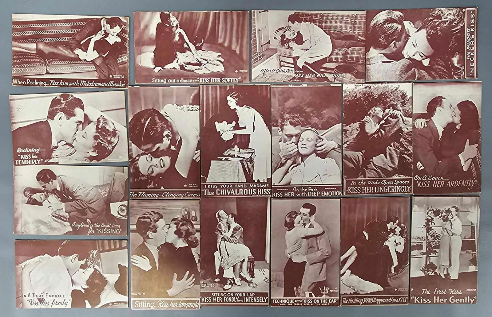 Seventeen "Kissing" arcade exhibit cards (1 of 3)