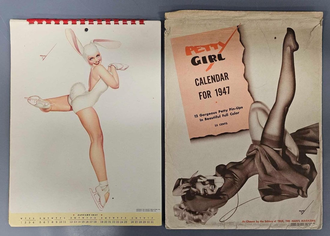Complete 1947 Petty pin-up girl calendar in original mailing envelope: Complete 1947 Petty pin-up girl calendar in original mailing envelope, printed by Fawcett publications, excellent condition calendar in a very good original mailing envelope as seen in the photos.