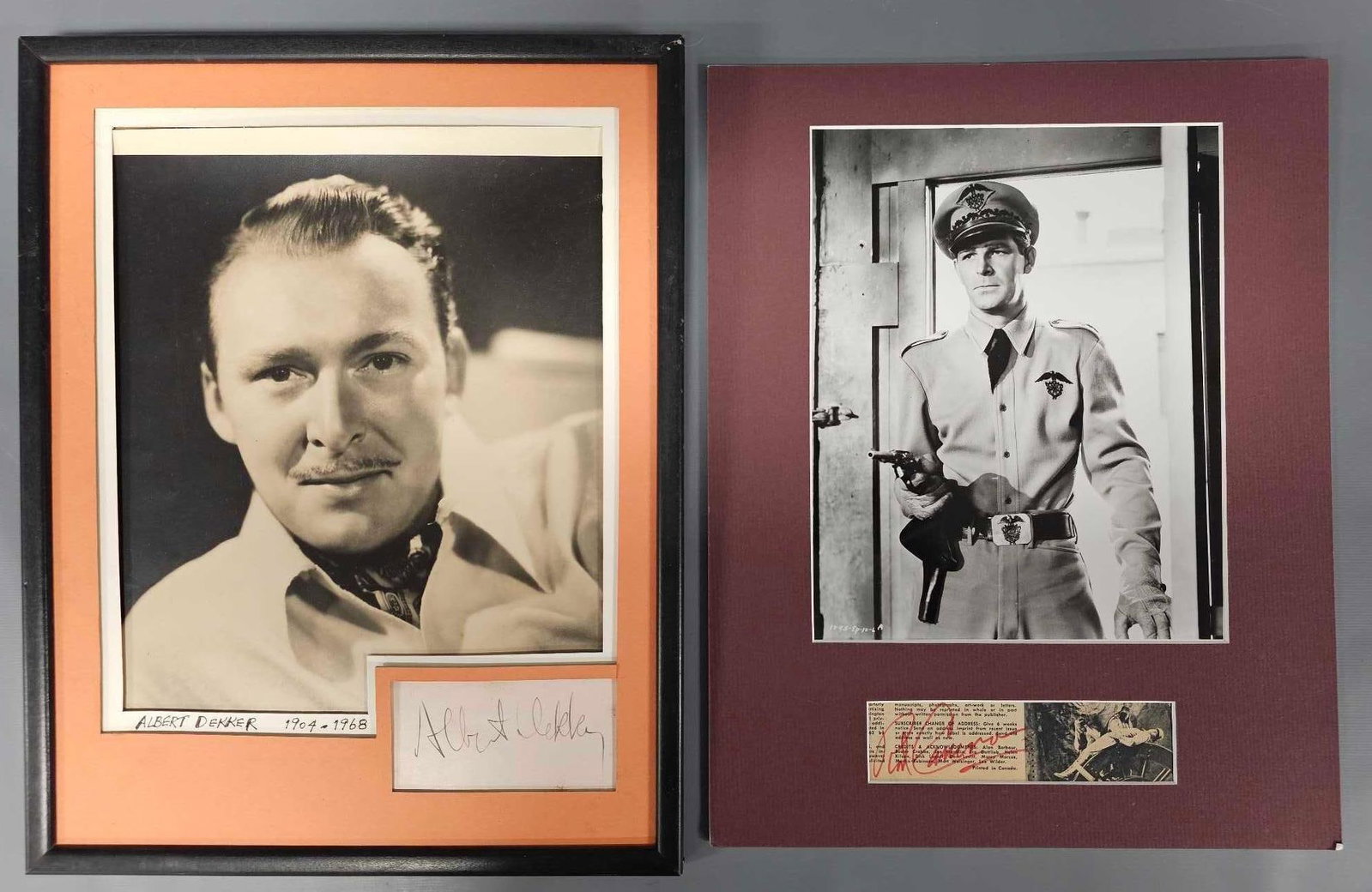 Rod Cameron and Albert Dekker photos with autographs: Rod Cameron and Albert Dekker photos with autographs. Both are cheaply framed and or matted but in very good to excellent condition as seen in the photos. They measure 11 wide x 14 inches tall.